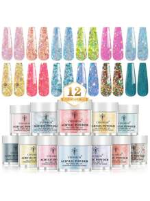CHOSEOS 12 Pcs Shiny Acrylic Crystal Powder Set, Create Salon-Grade Nails At Home, Perfect For Beginners And Professionals