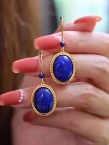 两对复古波西米亚青金石耳环，汉字耳环，具有记忆支撑、弹性保护和精神平衡的作用。铜/银/金色调仿天然石，招财纳福，女士时尚首饰，四季配饰。