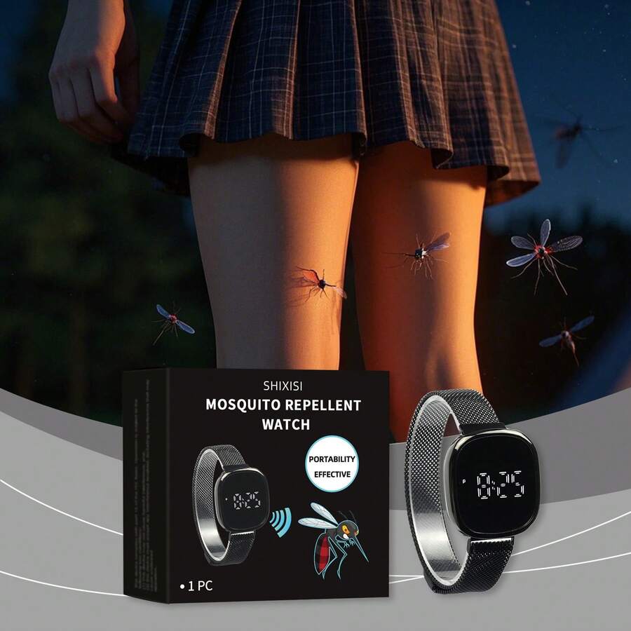 1 Pc Outdoor Sports Mosquito/Insect Repellent Watch, Metal Watch, Physical Mosquito & Insect Repellent, Reliable, Portable Mosquito Repeller, Premium Zinc Alloy Case/Strap, Unisex High-Tech Mosquito-Repelling Bracelet, Home & Travel Insect Repelling Device, Suitable For Various Occasions And People: Outdoor Camping, Hiking, Fishing, Travel, Gift For Friends & Family, Black Color - Black - View 1