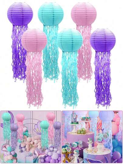 3 chiếc đèn lồng giấy hình sứa màu hồng xanh lá cây xanh lam treo cho chủ đề nàng tiên cá dưới biển nhiệt đới Hawaii trang trí tiệc sinh nhật đại dương