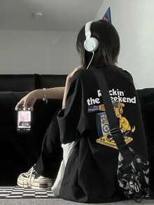 200g Pure Cotton T-Shirt 2025 Summer Ladies New Short Sleeve Pure Cotton Holiday Pattern Short Sleeve Round Neck Couple Wear Small Shirt Tops - 黑色 - 查看 4