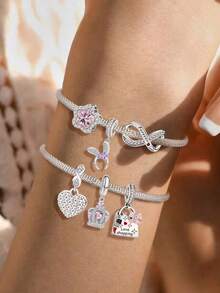 1 pieza Colgante con cuentas con forma de corazón, colgante adecuado para pulseras, joyería DIY para mujer - Plateado - Ver 3