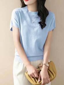 Finely-Spun New Loose Short Sleeve T-Shirt, Women Sleeveless Knitted Sweater, Solid Color Undershirt Summer - Light Blue - View 6