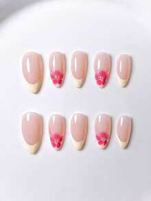 10片装夏季简约可爱黄色法式手绘渐变花卉美甲贴片，适合女性和女孩，优雅奢华杏仁形自粘美甲贴片，适合日常、上学、派对佩戴，手工美甲贴片 - 黃色 - 查看 2