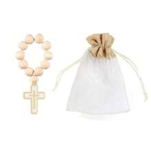 Baptism Mini Wooden Rosary Favors For Guest, First Communion Favors, Christening Guest Keepsake, Cross Charm Favors, Catholic Favors With Organza Bags