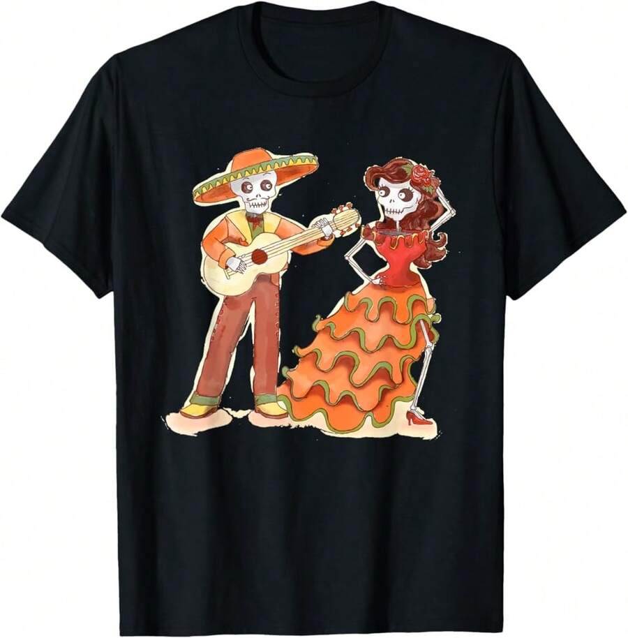Mariachi Band Day Of The Dead With Sombrero And Vihuela Breathable T-Shirt - Black - View 1