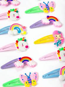 10pcs 3D Cartoon Hair Clips, Cute Children's Side Clips, Including Rainbow, Unicorn, Mermaid, Butterfly Styles, Suitable For Children's Daily Wear And Parties, Unlock Magical Hairstyles! Charming Unicorn Hair Clips Are Very Eye-Catching - Multicolor - View 3