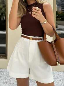 女士夏季休闲短裤，时尚商务短裤，百搭优雅简约高端短裤，适合度假、独立日、返校、派对、日常穿着（无腰带）