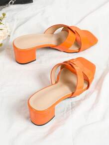 Orange Slip-On High Heels For Women, Cross Strap Peep Toe Square Toe Chunky Heeled Fashion Casual Beach Mules Summer Sandals
