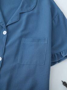 [Dreamery]1pc Women Solid Color Bubble Ruffle V-Neck Short Sleeve Shorts Pajama Set - Blue - View 4