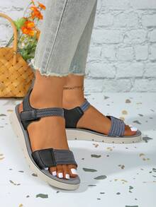 Sandálias femininas de tiras com , moda casual, cor sólida, plataforma, salto anabela, estilo boêmio, sandálias para áreas externas, com , para primavera e verão - Preto - Ver 4