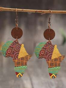 1 Pair New African Cultural Map Wooden Earrings, Retro Style Earrings For Women - Multicolor - View 8
