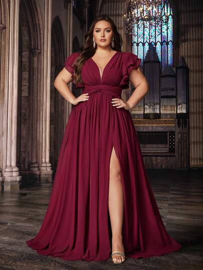 QOQ Romantic Solid Color Plus Size Women Formal Dress Bridesmaid Evening Dresses Suitable Wedding,Birthday Party, Formal Events V-Neck Flounce Sleeve Gown