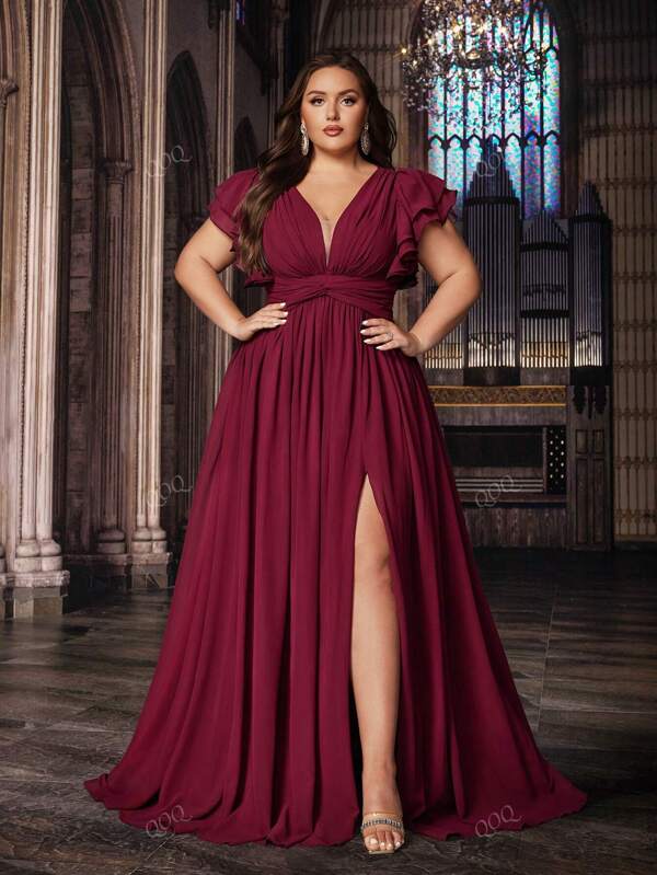 QOQ Vestido formal de mujer de unicolor y talla grande, apropiado para dama de honor, eventos formales, bodas, fiestas de cumpleaños. Vestido con escote en V y mangas con volantes