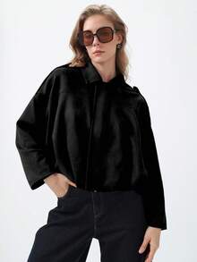 HH Women's Jackets Coats Fashion Turn-Down Collar Long Sleeve Loose Coats Vintage Female Outerwear Chic Tops - Black - View 9