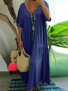Plus Size Casual Loose V-Neck Solid Color Maxi Dress For Women - 寶藍色 - 查看 2