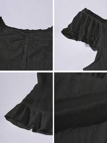 Y2K风格蕾丝拼接纽扣设计可爱梭织面料短袖休闲修身衬衫，春季/情人节