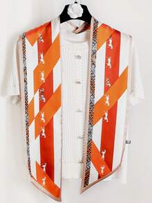 1 件 5.3 英寸 X57 英寸印花仿丝围巾，女士时尚头带，围巾，13.5 英寸 X145 厘米发带围巾 - 橙色12-01 - 查看 3