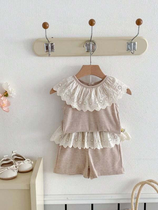 Girls' Lace T-Shirt, Sweet & Fashionable, Ruffles Trim, Lightweight, Summer Kids Wear, Korean Style