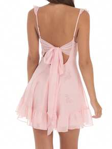 Women's Aesthetic Coquette Mini Dress Ruffle Strap A-Line Dress Tie Back Backless Dress  Summer Outfits - Hồng - Xem 4