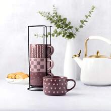 4 Pack Stacking Mugs, Purple Hearts, Purple Checkered And Purple Squiggles 11.1 Fl Oz, Stoneware - 1 - View 5