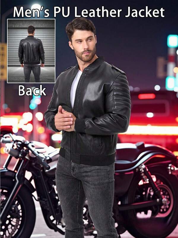 Men's Vintage Casual Motorcycle PU Leather Jacket, Windproof And Waterproof Outerwear