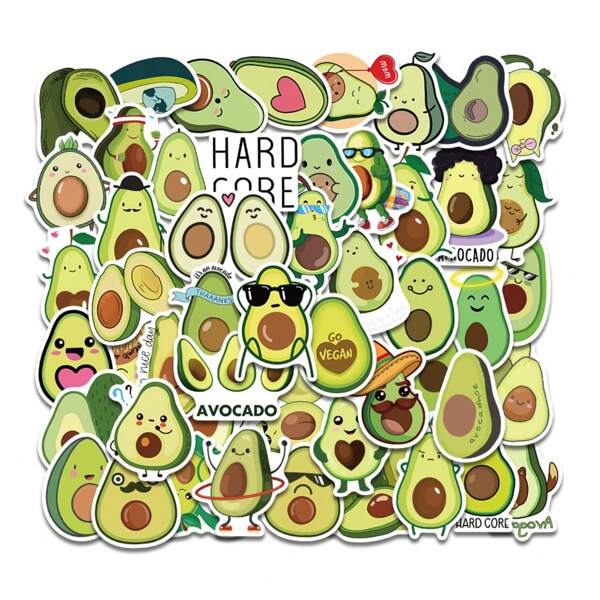 50 pezzi Adesivi impermeabili con decorazione di avocado cartoni animati e graffiti per telefono cellulare, taccuino e altro