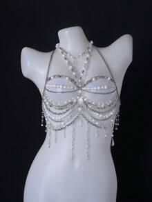Unisex Sexy Body Chain, Pearl Necklace Lingerie, Alluring Exotic Transparent Bra Decor, Suitable For Party, Holiday, Nightclub, Music Festival - A - 查看 6