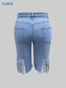 [柔软水洗大码七分裤] 弹力大码高腰破洞牛仔七分裤 - 柔软水洗蓝色，街头风格中长牛仔裤，休闲装，流苏下摆和毛边设计