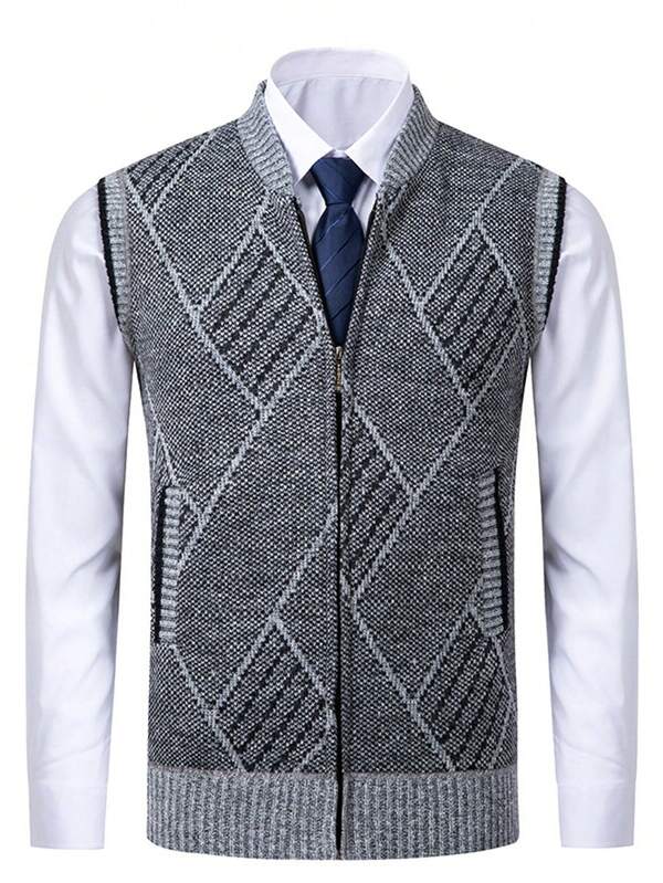 Korean Style Men's Cardigan Sweater Vest, Full Zip Stand Collar Slim Fit Casual Thermal Lined Thick Knit Sweater With 2 Front Pockets , Fall Winter