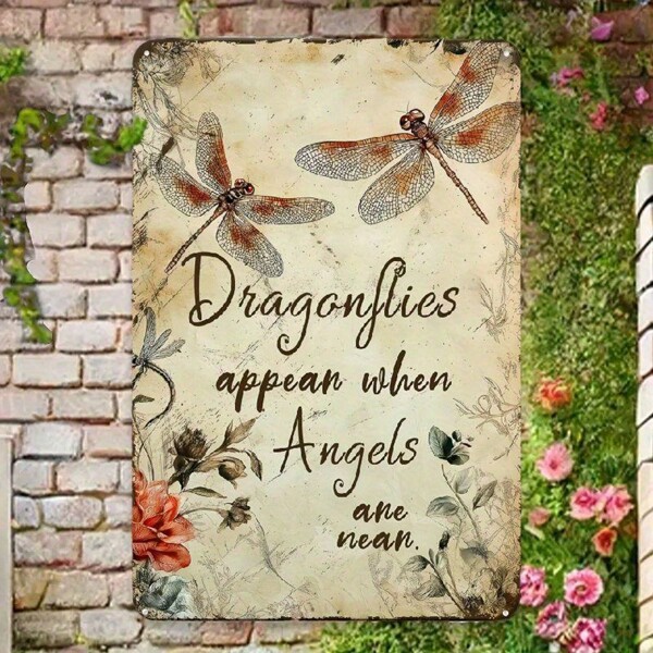Vintage Dragonfly Metal Wall Art Sign - "Dragonflies Appear When Angels Are Near" - Rustic Outdoor Decor For Patio, Fence, Bar, Or For Man Cave - 8x12 Inch Tinplate With Floral And Dragonfly Design