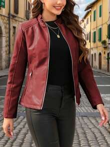 Giolshon Women's Autumn/Winter Faux Leather Motorcycle Jacket - Asymmetric Zipper, Stand Collar Design, Creates Avant-Garde Commuting And Urban Street Style - Red - View 3