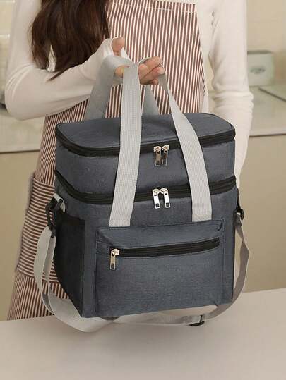 1pc黑色，灰色，酒红色，藏青色加厚新款双层饭盒袋保温袋户外野餐保鲜斜挎冰袋多功能防水午餐包