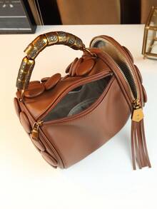 圆点图案波士顿包，通勤包，圆柱包，配有独特的金属腕带斜挎包 - 棕色 - 查看 10