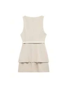 DEEKA Spring/Summer New Women's Fashion Casual Dress With Waist Belt, Sleeveless Khaki Shirring Waist Solid Color Dress - Apricot - View 12