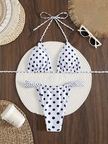 Bộ bikini hai mảnh gợi cảm buộc dây cổ, in chấm bi, thích hợp cho nữ mùa hè đi biển, đi nghỉ mát. - Trắng Đen - Xem 2