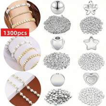 1300pcs/Set Spacer Beads Set Star Beads Golden And Silvery Round Ball Beads Round Multi Faceted Spacer Beads Heart Beads Flower Beads Flat Disc Beads Loose Beads Bracelets Earrings Necklaces Jewelry Making