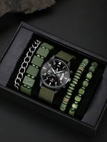 1 件男士时尚商务奢华休闲石英表 + 4 件手链套装，日常使用和节日礼物 - 軍綠色 - 查看 2