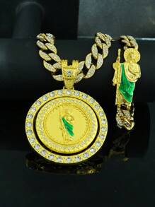 1pc Rotatable Jesus Pendant Necklace + 1pc Green Oil Drop Jesus Bracelet Set, Stylish Hip Hop Gift For Men, Suitable For Daily Wear