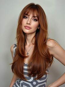 Hair Cube Length 26 Inches Natural Layered Long Curly Hair With Fringe Wig, Designed For Girls Beautiful Wig, Suitable For Women Festival Cosplay Friends Party Daily Wear Halloween Christmas Wig - 紅色 - 查看 1