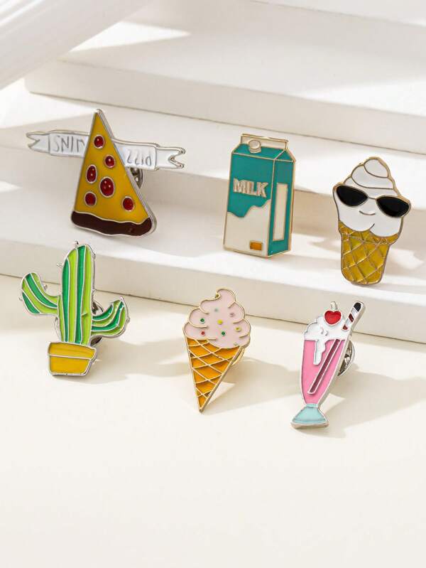 Assorted Cute Enamel Food Shaped Brooches, Creative Ice Cream, Pizza, Milk Box Pins, Multi-Functional Fashion Brooch Clothing Accessories Backpack For School Office Accessories Shirts Jacket Jewelry Christmas Halloween