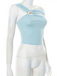Women Ring Tank Tops Slim Solid Backless Crop Asymmetrical Shirts - Blue - View 3