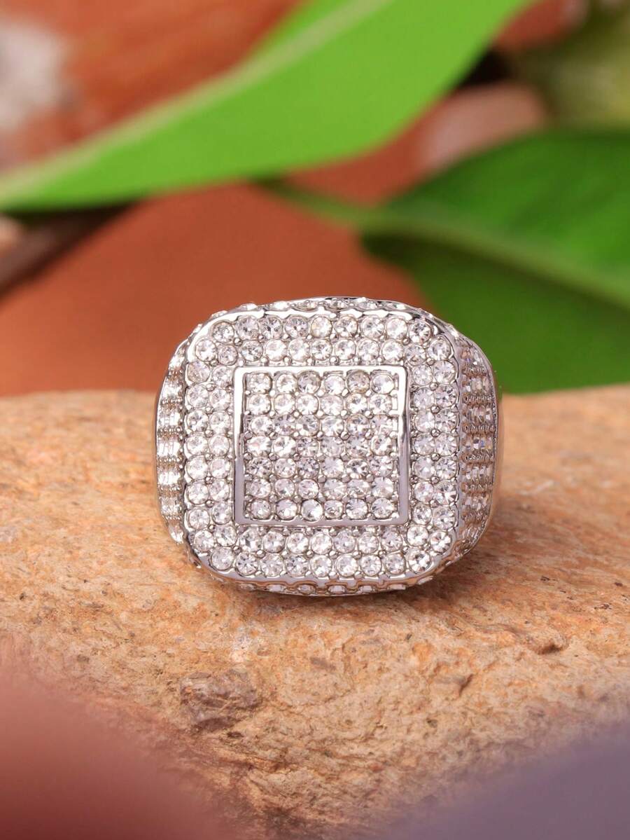 1 chiếc nhẫn hợp kim mạ bạc hình vuông đính kim cương toàn phần, thiết kế tối giản, nhẫn unisex chất lượng cao, nhẫn đôi sang trọng. - Bạc - Xem 1