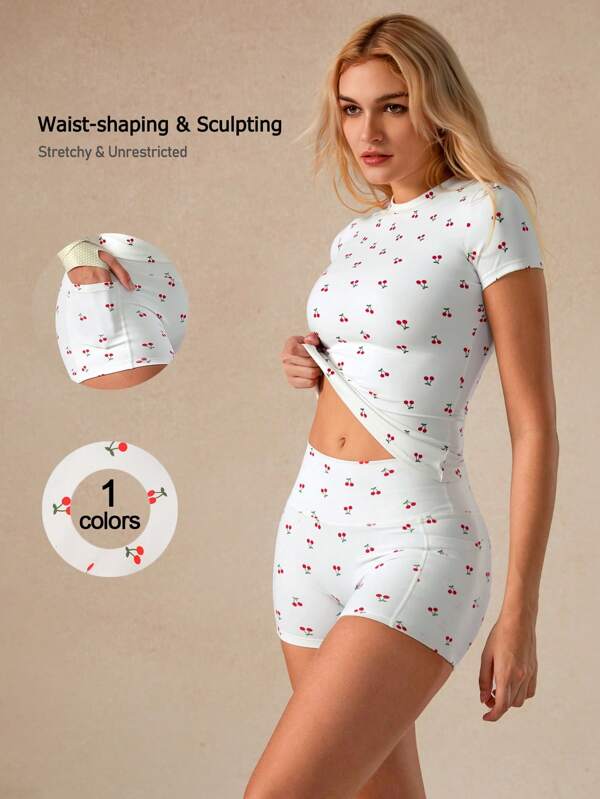 NcmRyu Spring/Summer Cherry Print Short Sleeve & Shorts 2pcs Sports Set For Women, & Cute