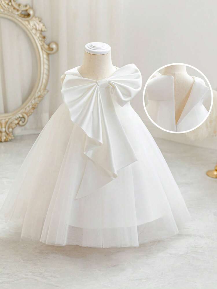 Baby Girls' White Bow Christmas Party Dress, Elegant Princess Tulle Gown, Suitable For 1st Birthday, Wedding, Banquet, Holiday Celebration - White - View 5
