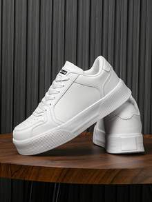 Men's Minimalist Style Casual Lace-Up Height Increasing Sneakers, Lightweight & Comfortable For Daily Walking, Suitable For Youths, Outdoors, All Seasons And Couples - White - View 7