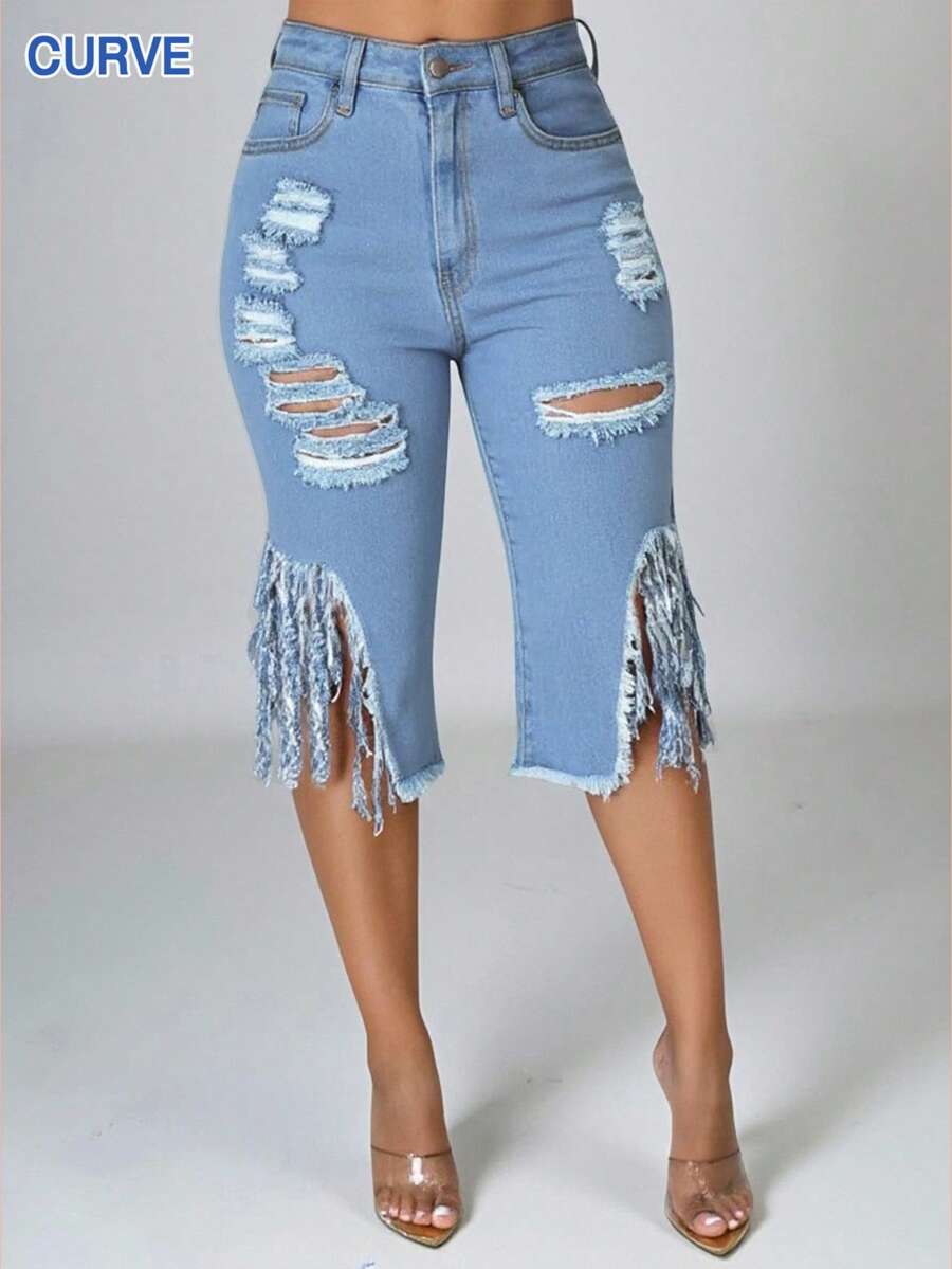 [柔软水洗大码七分裤] 弹力大码高腰破洞牛仔七分裤 - 柔软水洗蓝色，街头风格中长牛仔裤，休闲装，流苏下摆和毛边设计