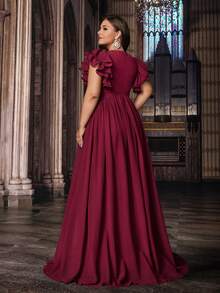 QOQ 浪漫纯色加大码女式礼服伴娘晚礼服适合婚礼、生日派对、正式活动 V 领荷叶边袖礼服 - 酒紅色 - 查看 2