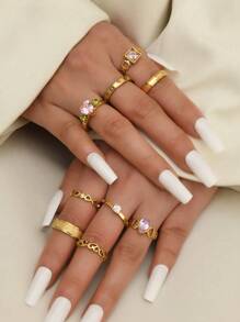 5/9pcs Fashionable & Elegant Stainless Steel Gold Rings Set, Includes Love Teardrop, Roman Numeral, Matte Diamond Elements, 18K Gold Plated, Suitable For Women's Daily Wear, Dates, Gifts, Weddings, Engagements