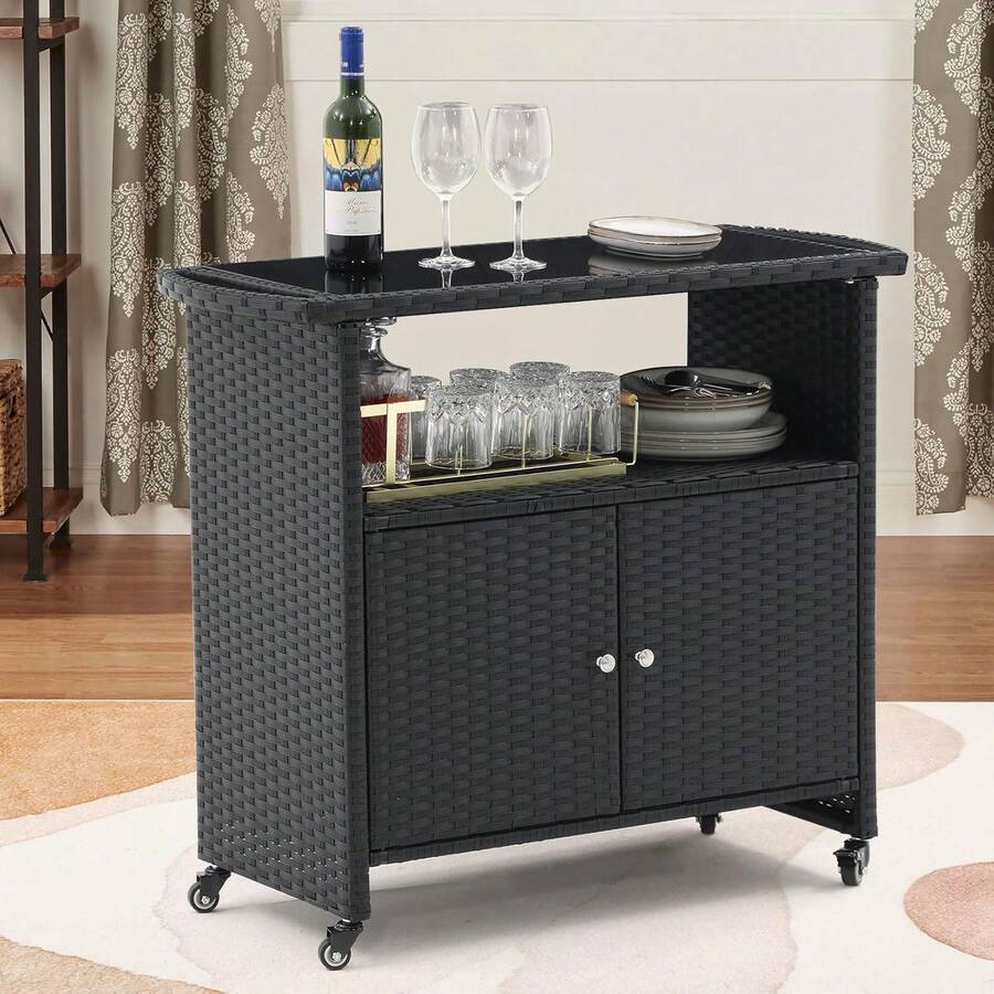 Outdoor Wicker Bar Table With Tempered Glass Top,Rolling Bar Cart With Storage Shelf,Lockable Wheels All-Weather Patio, Poolside, And Garden Furniture,Black - Black. - View 1